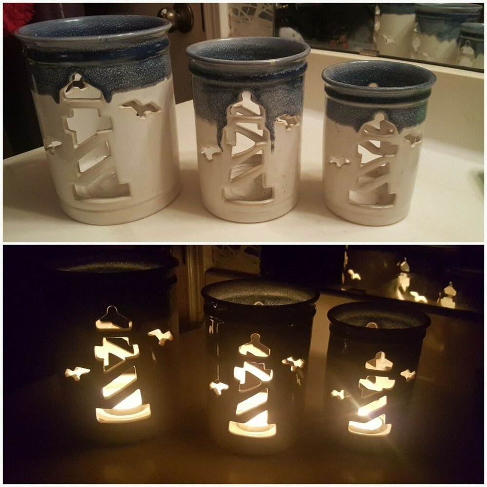 Set of 3 HEAVY Stoneware LightHouse Candle Lantern